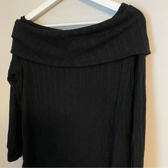Loveappella Tunic Top Ribbed Pointelle Off the Shoulder Black Casual Fold Over - Picture 8 of 11